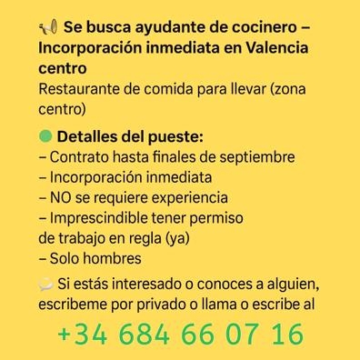 Ayudante de cocina - Valencia centro