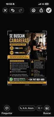 SE BUSCAN CAMARERAS BARRA Y COMEDOR