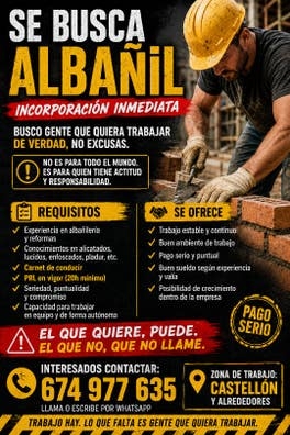 ? Albañil con PRL y carnet ?