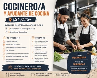 COCINERO/A y AYUDANTE COCINA VAL MIÑOR