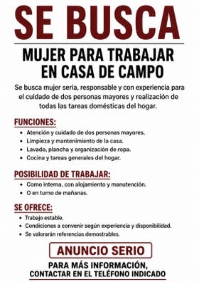 SE BUSCA MUJER PARA LIMPIEZA Y CUIDADO
