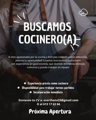 se Busca cocinero tiempo parcial