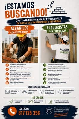 Buscando Albañiles,Pladuristas,Fontanero