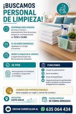 SE BUSCA PERSONAL DE LIMPIEZA COSTA ADEJ