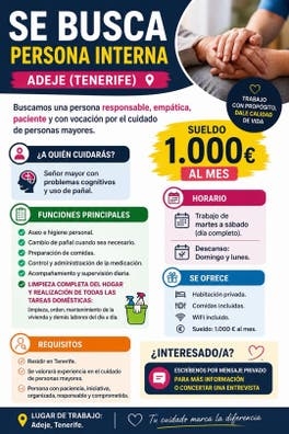 BUSCAMOS PERSONA INTERNA EN TENERIFE