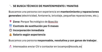 SE BUSCA TÉCNICO DE MANTENIMIENTO / MANI
