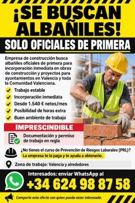 SE BUSCAN ALBAÑILES OFICIALES DE PRIMERA