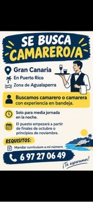Se busca Ayudante o Camarero Funciones;