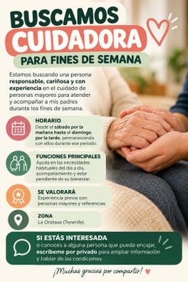 BUSCAMOS CUIDADORA PARA FINES DE SEMANA