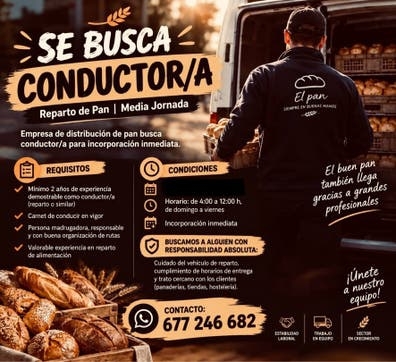 Se busca conductor/a para reparto de pan